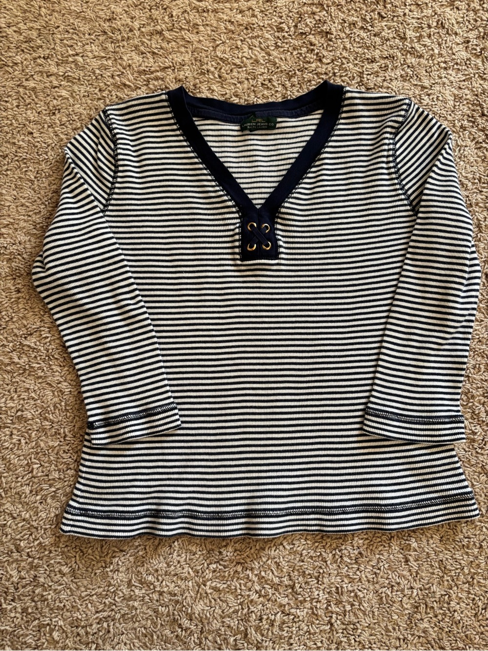 Navy & White Striped Long-Sleeve Tee with Lace-Up Detail